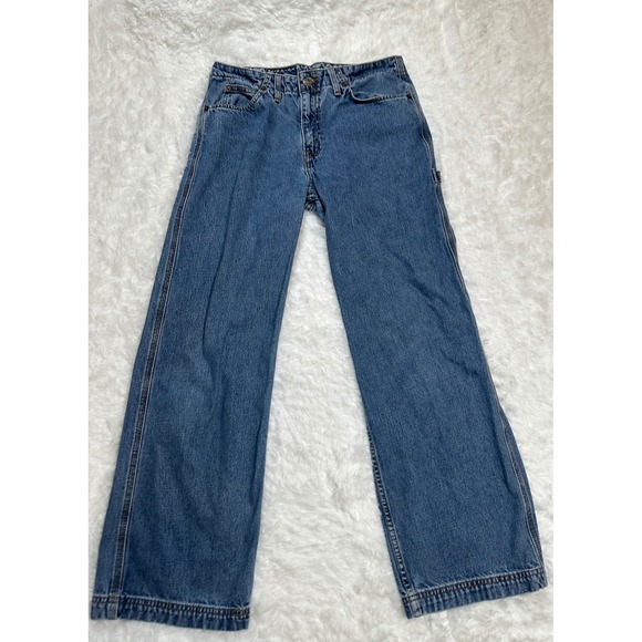 Vintage Levis L2 Carpenter Baggy Jeans Size 11 Med Wide Leg 90s Denim Buckle - Picture 1 of 5
